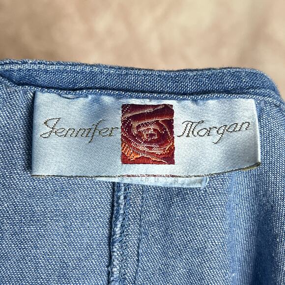 Vintage 90s Jennifer Morgan Denim Dress Sleeveless Deep V Neck Midi Shift School - Picture 4 of 8
